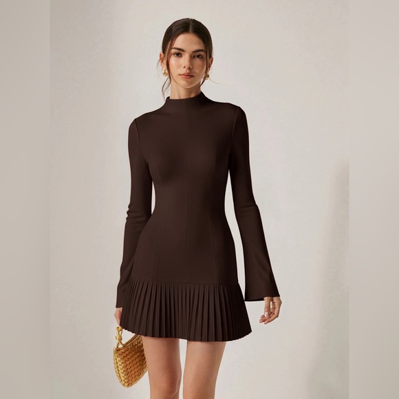 Pleated Hem Mock Neck Mini Dress - Picture 1 of 3